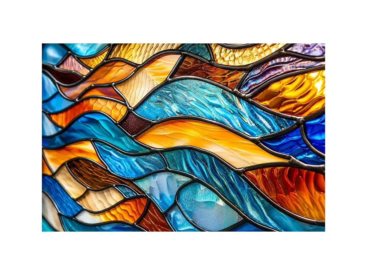 Bright abstract stained glass wall art with flowing blue orange and gold mosaic textures for luxury modern interiors