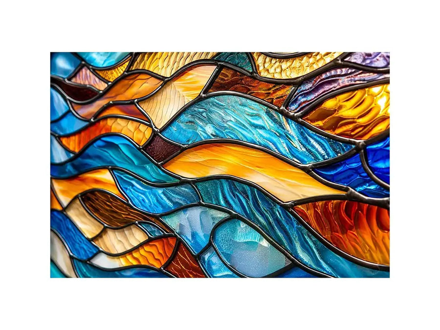 Bright abstract stained glass wall art with flowing blue orange and gold mosaic textures for luxury modern interiors