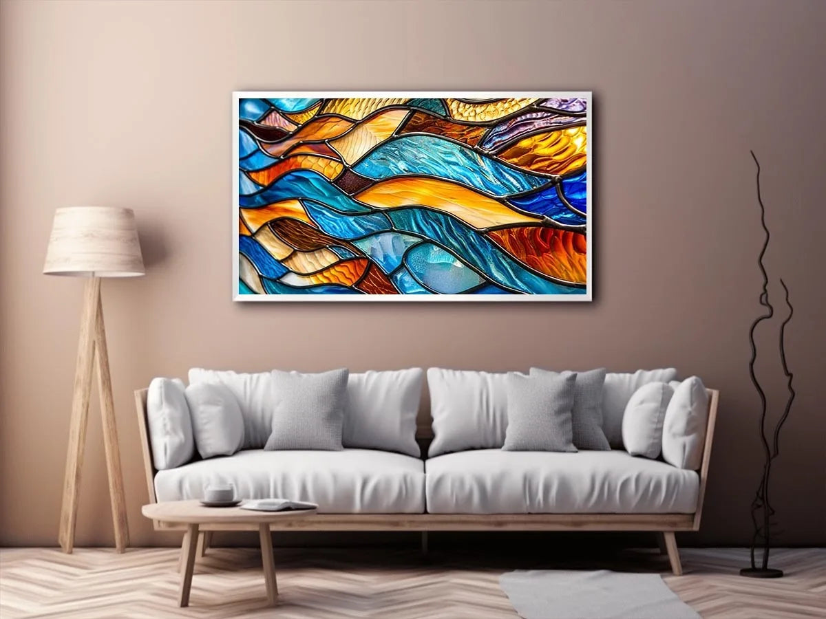 Bright abstract stained glass wall art with flowing blue orange and gold mosaic textures for luxury modern interiors