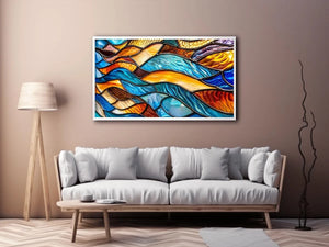 Bright abstract stained glass wall art with flowing blue orange and gold mosaic textures for luxury modern interiors