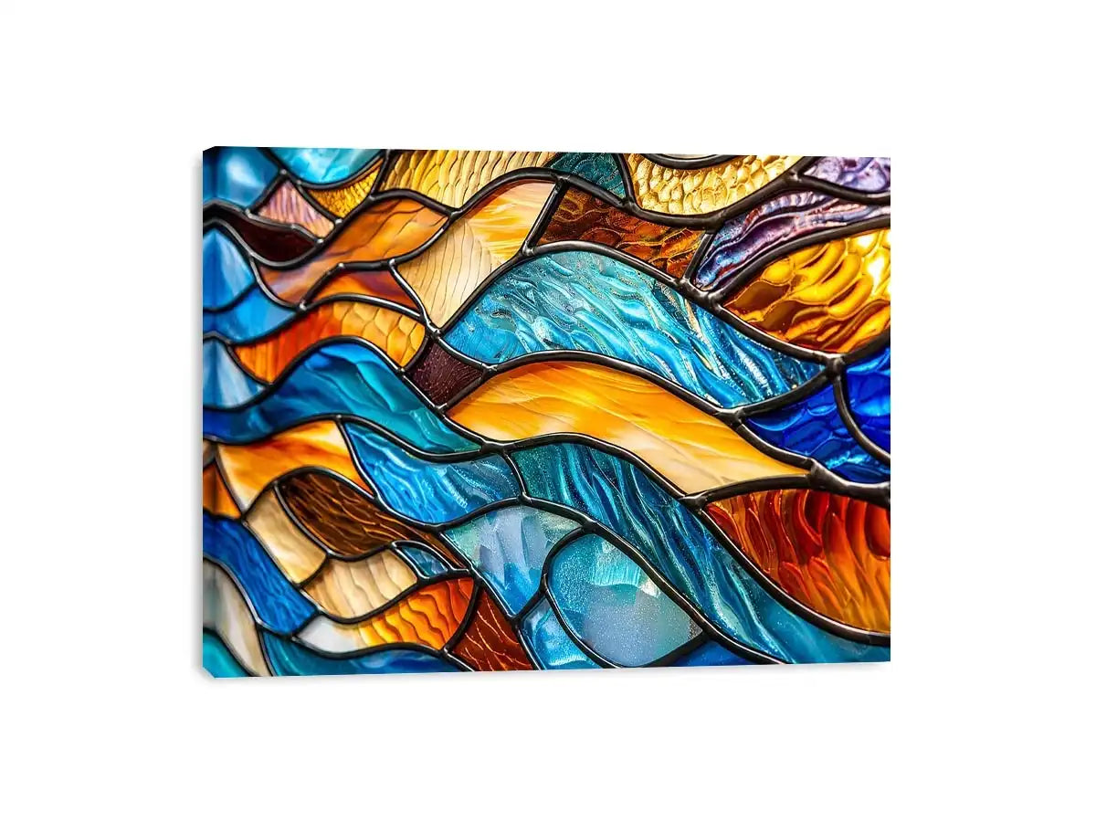 Bright abstract stained glass wall art with flowing blue orange and gold mosaic textures for luxury modern interiors