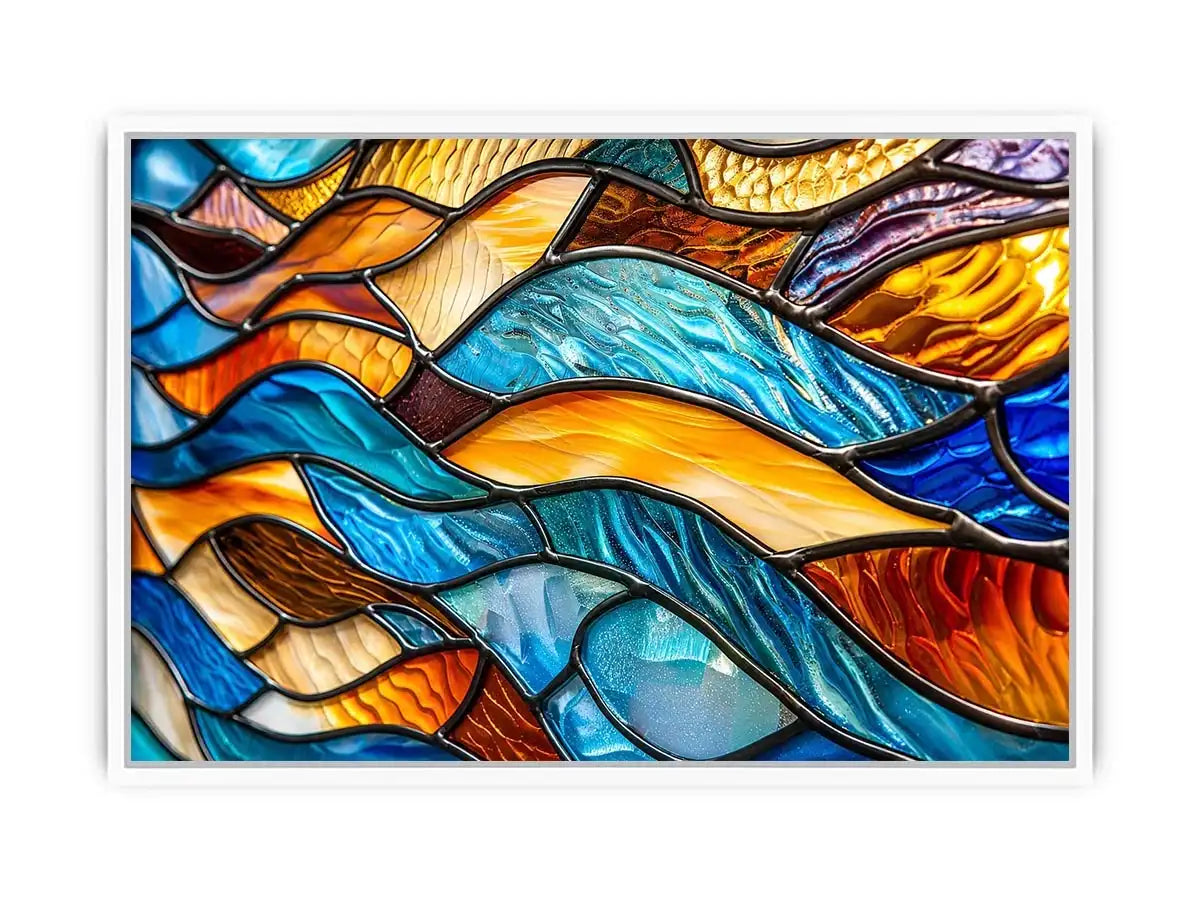 Bright abstract stained glass wall art with flowing blue orange and gold mosaic textures for luxury modern interiors