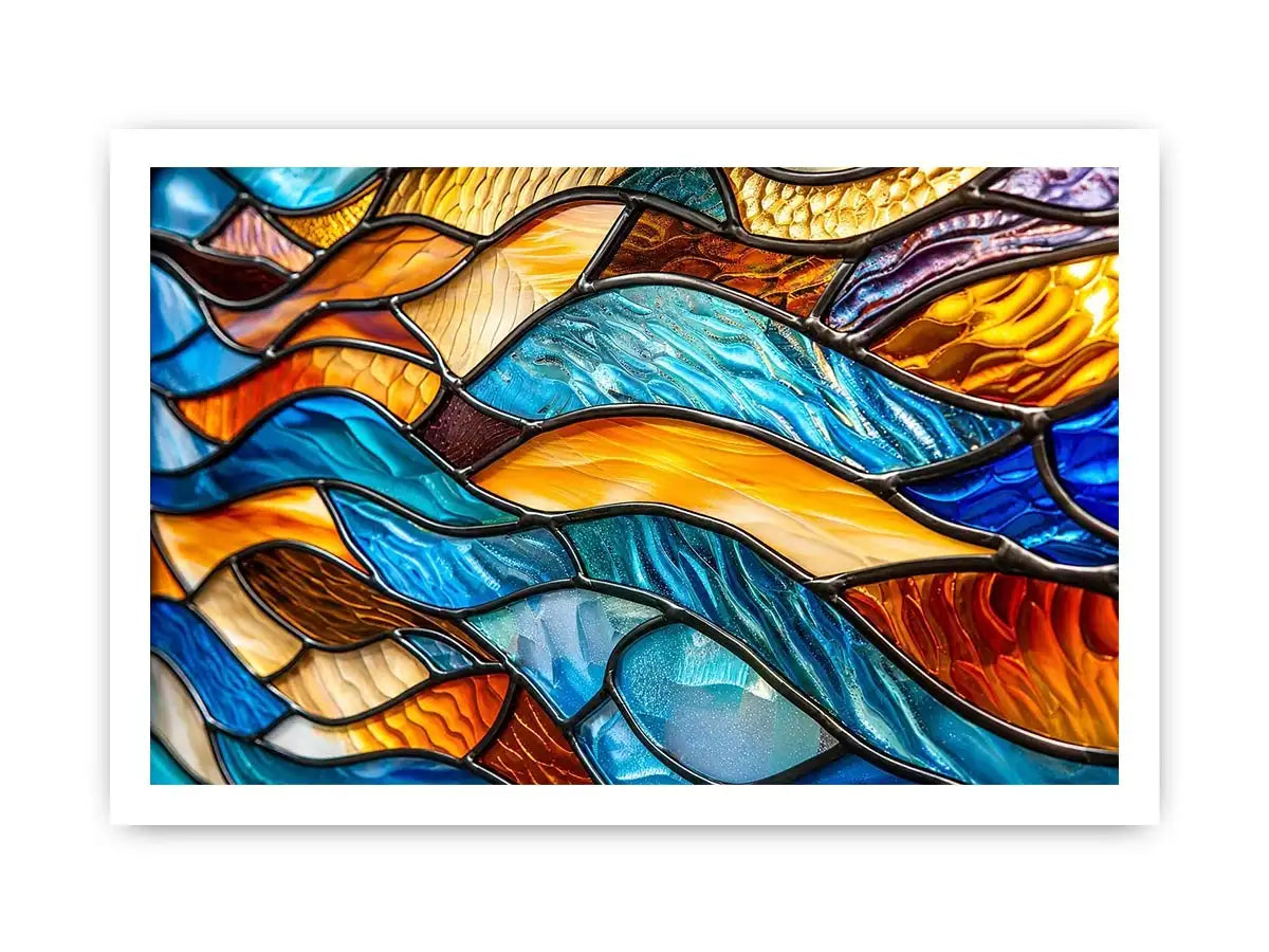 Bright abstract stained glass wall art with flowing blue orange and gold mosaic textures for luxury modern interiors