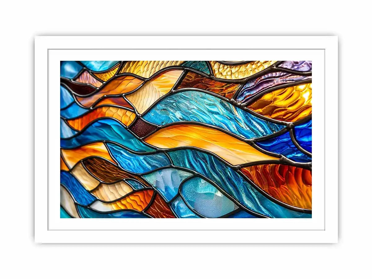 Bright abstract stained glass wall art with flowing blue orange and gold mosaic textures for luxury modern interiors