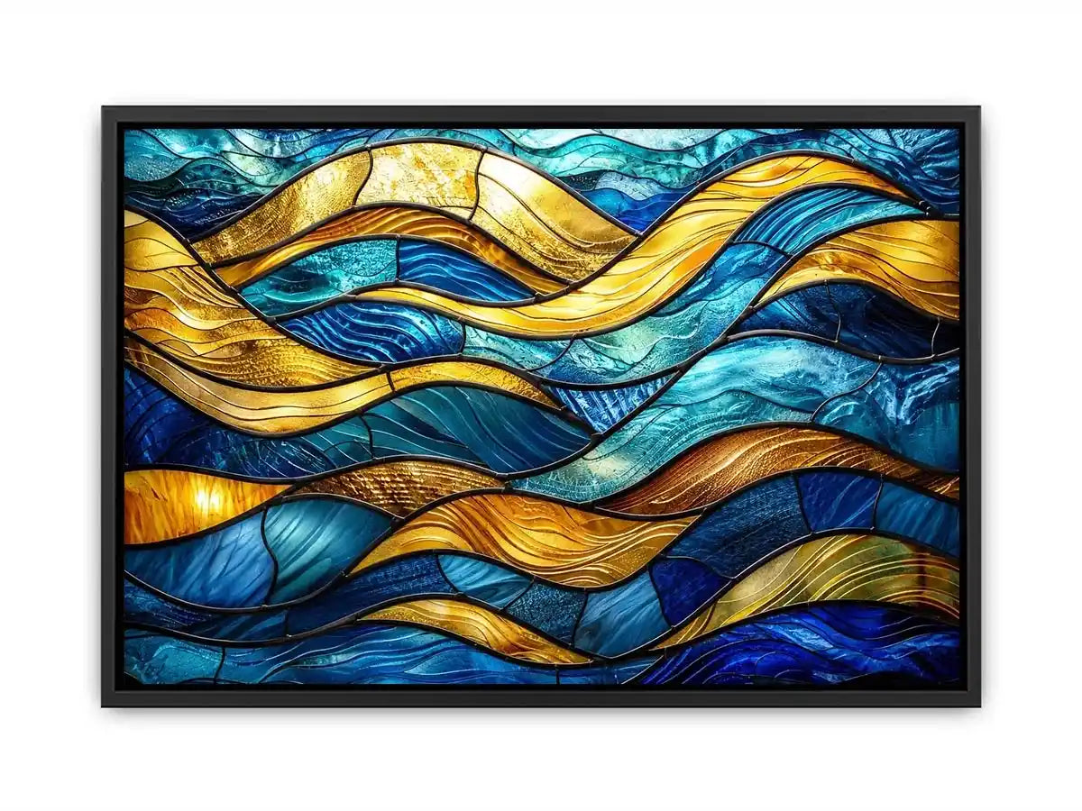 Luxury blue and gold stained glass abstract wave wall art for modern coastal and contemporary interiors