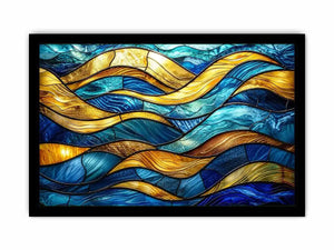 Luxury blue and gold stained glass abstract wave wall art for modern coastal and contemporary interiors