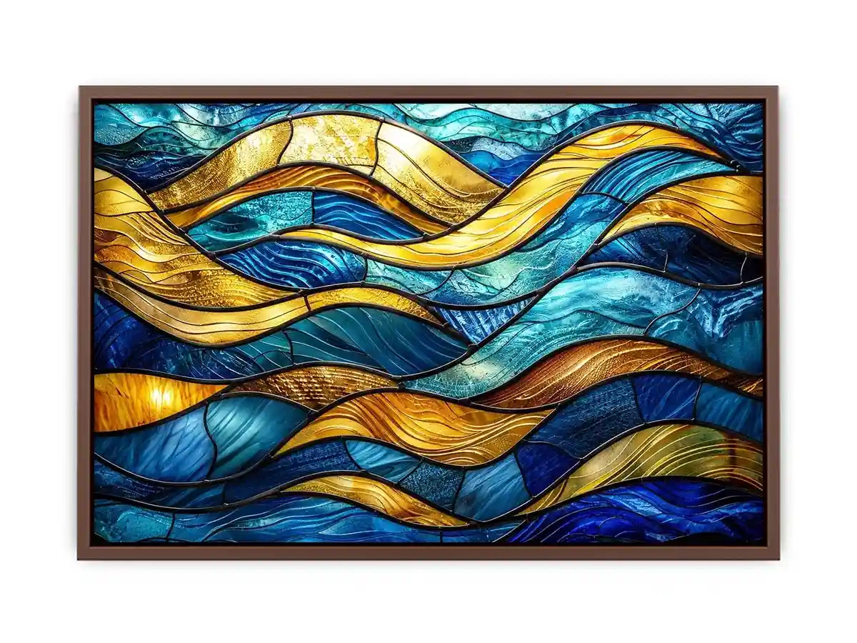 Luxury blue and gold stained glass abstract wave wall art for modern coastal and contemporary interiors