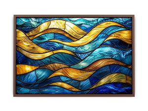 Luxury blue and gold stained glass abstract wave wall art for modern coastal and contemporary interiors