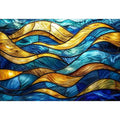 Luxury blue and gold stained glass abstract wave wall art for modern coastal and contemporary interiors