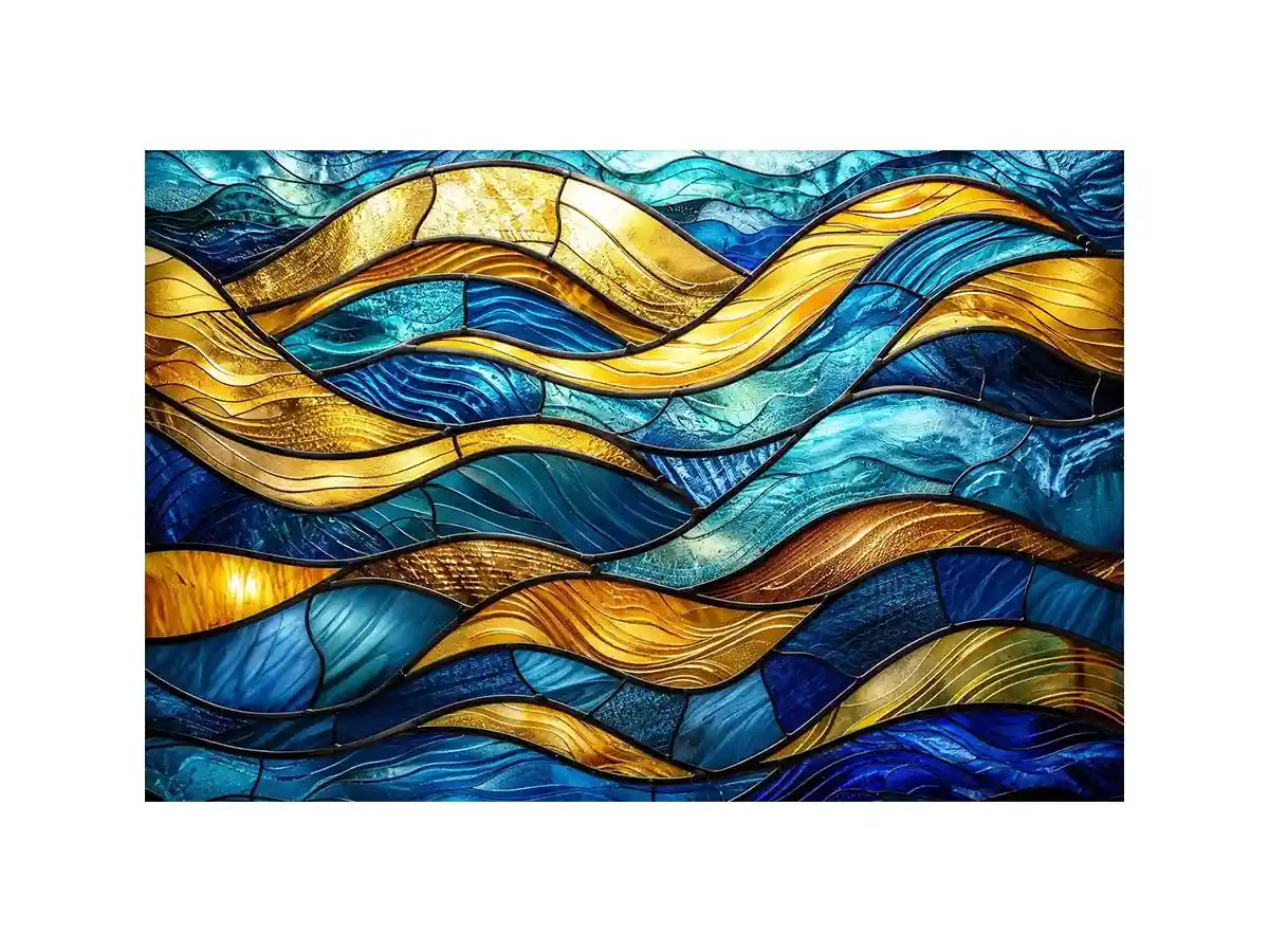 Luxury blue and gold stained glass abstract wave wall art for modern coastal and contemporary interiors
