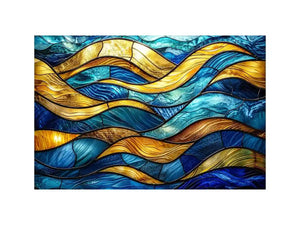 Luxury blue and gold stained glass abstract wave wall art for modern coastal and contemporary interiors
