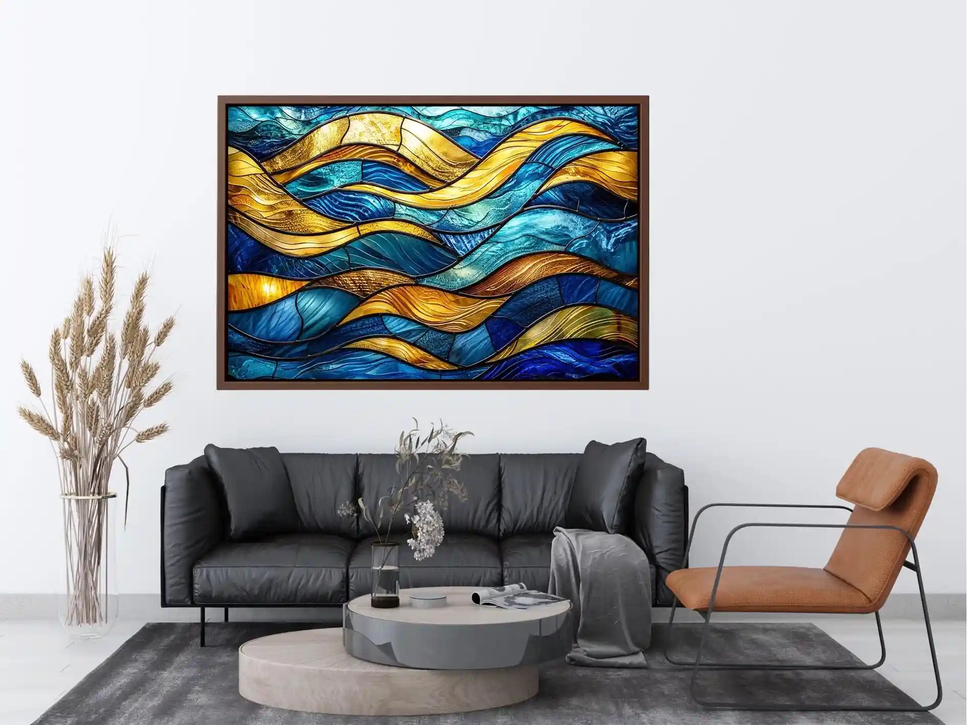 Luxury blue and gold stained glass abstract wave wall art for modern coastal and contemporary interiors