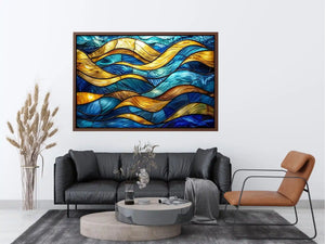 Luxury blue and gold stained glass abstract wave wall art for modern coastal and contemporary interiors