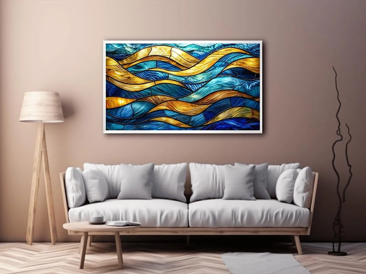 Luxury blue and gold stained glass abstract wave wall art for modern coastal and contemporary interiors