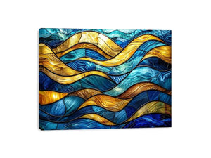 Luxury blue and gold stained glass abstract wave wall art for modern coastal and contemporary interiors