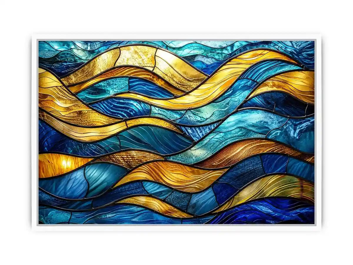 Luxury blue and gold stained glass abstract wave wall art for modern coastal and contemporary interiors
