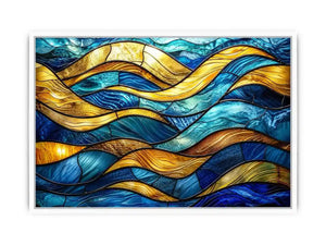 Luxury blue and gold stained glass abstract wave wall art for modern coastal and contemporary interiors
