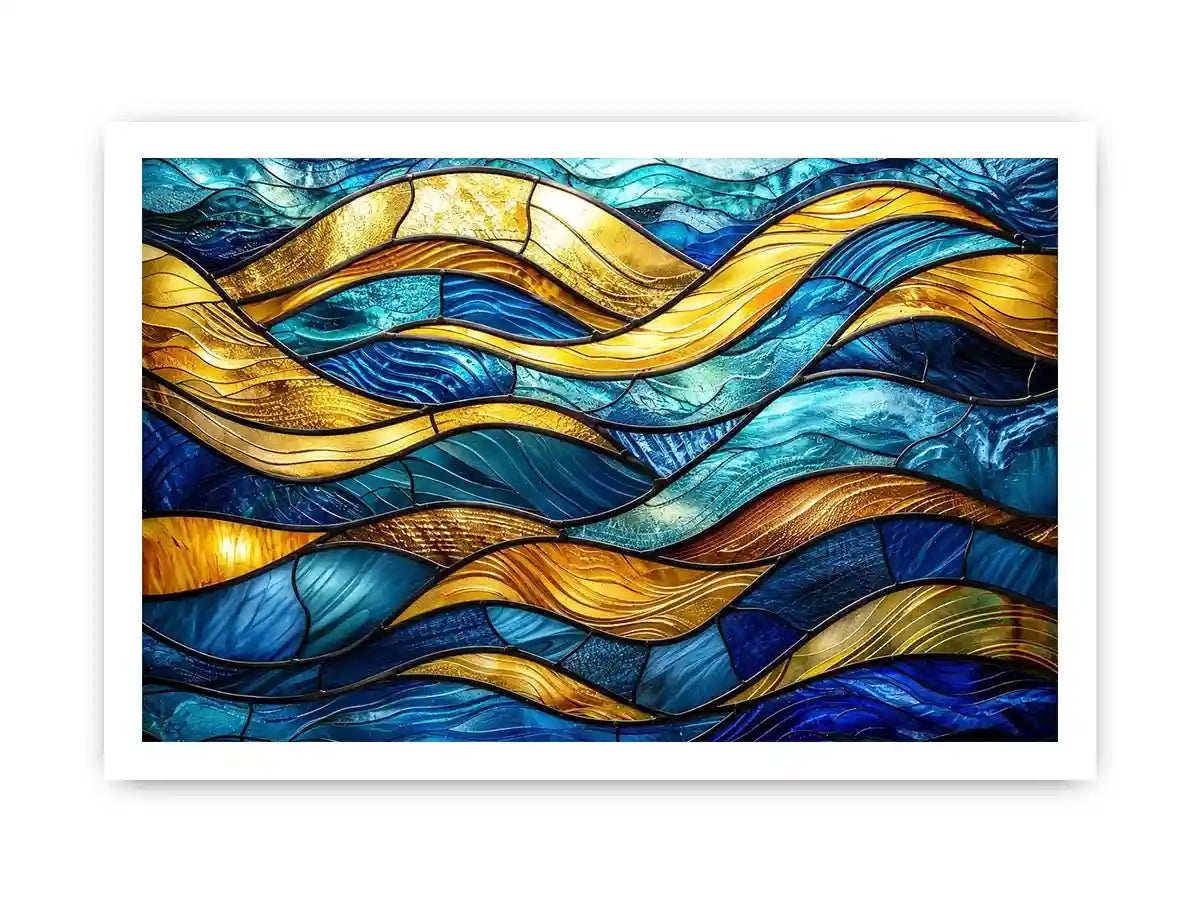 Luxury blue and gold stained glass abstract wave wall art for modern coastal and contemporary interiors