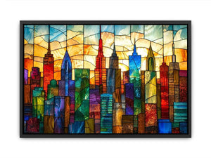 Colorful modern stained glass cityscape wall art with vibrant geometric skyline and glowing luxury urban design