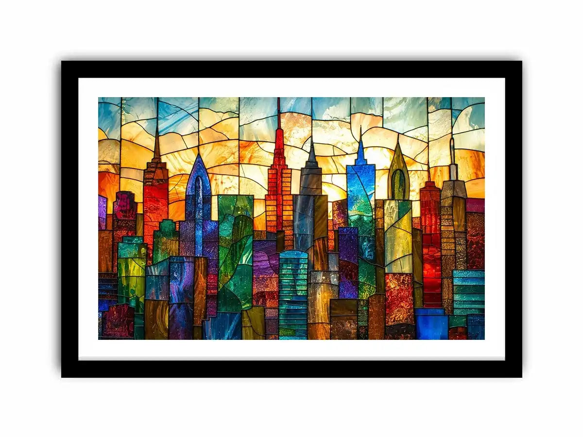 Colorful modern stained glass cityscape wall art with vibrant geometric skyline and glowing luxury urban design