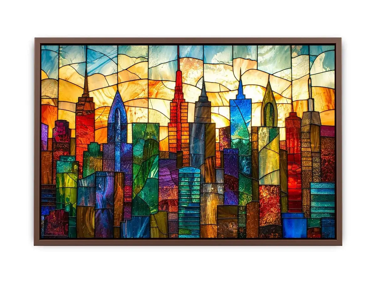 Colorful modern stained glass cityscape wall art with vibrant geometric skyline and glowing luxury urban design