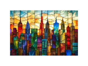 Colorful modern stained glass cityscape wall art with vibrant geometric skyline and glowing luxury urban design