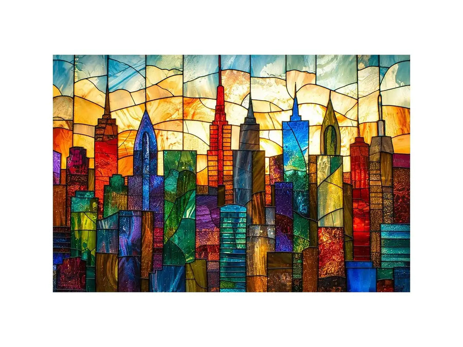 Colorful modern stained glass cityscape wall art with vibrant geometric skyline and glowing luxury urban design