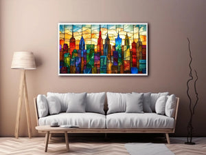 Colorful modern stained glass cityscape wall art with vibrant geometric skyline and glowing luxury urban design