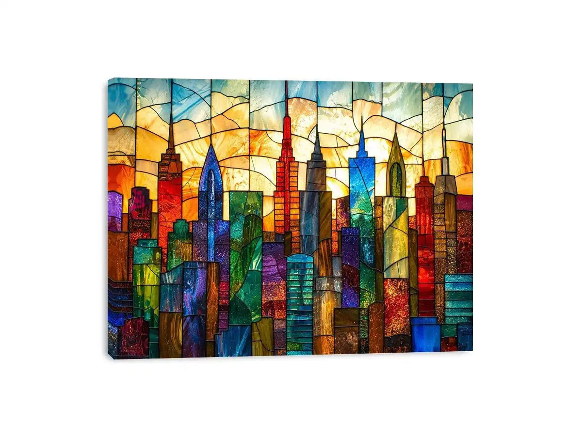 Colorful modern stained glass cityscape wall art with vibrant geometric skyline and glowing luxury urban design