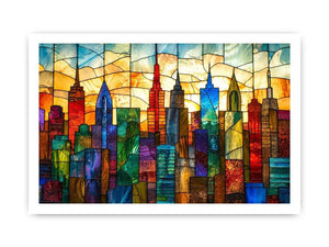 Colorful modern stained glass cityscape wall art with vibrant geometric skyline and glowing luxury urban design