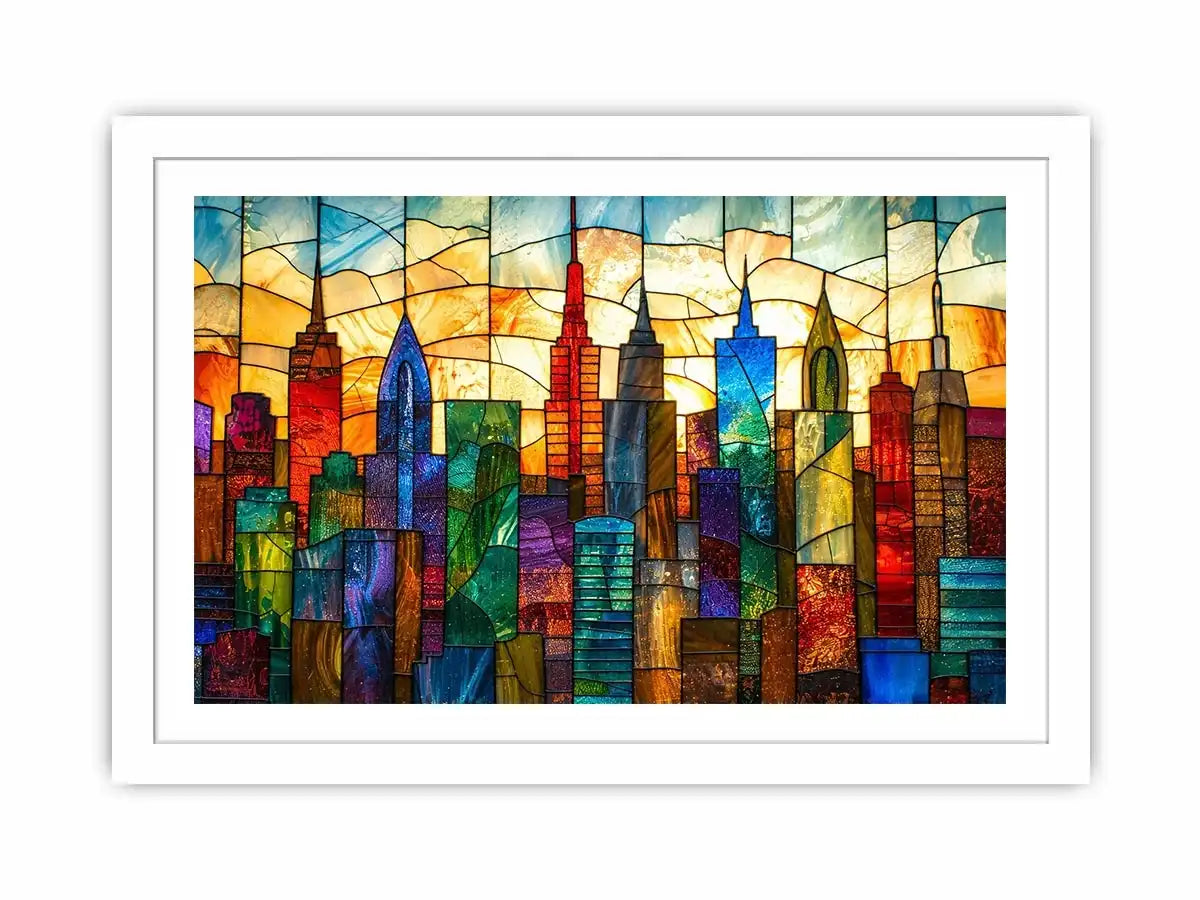 Colorful modern stained glass cityscape wall art with vibrant geometric skyline and glowing luxury urban design
