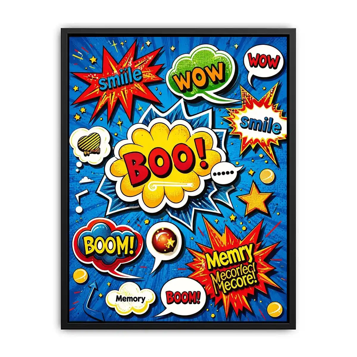 Colorful retro pop art comic wall art with bold speech bubbles and playful typography design