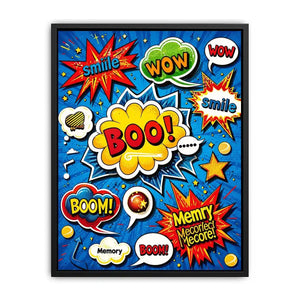 Colorful retro pop art comic wall art with bold speech bubbles and playful typography design