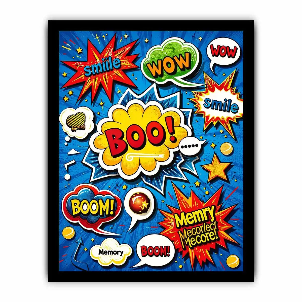 Colorful retro pop art comic wall art with bold speech bubbles and playful typography design
