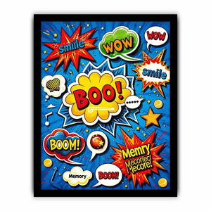 Colorful retro pop art comic wall art with bold speech bubbles and playful typography design