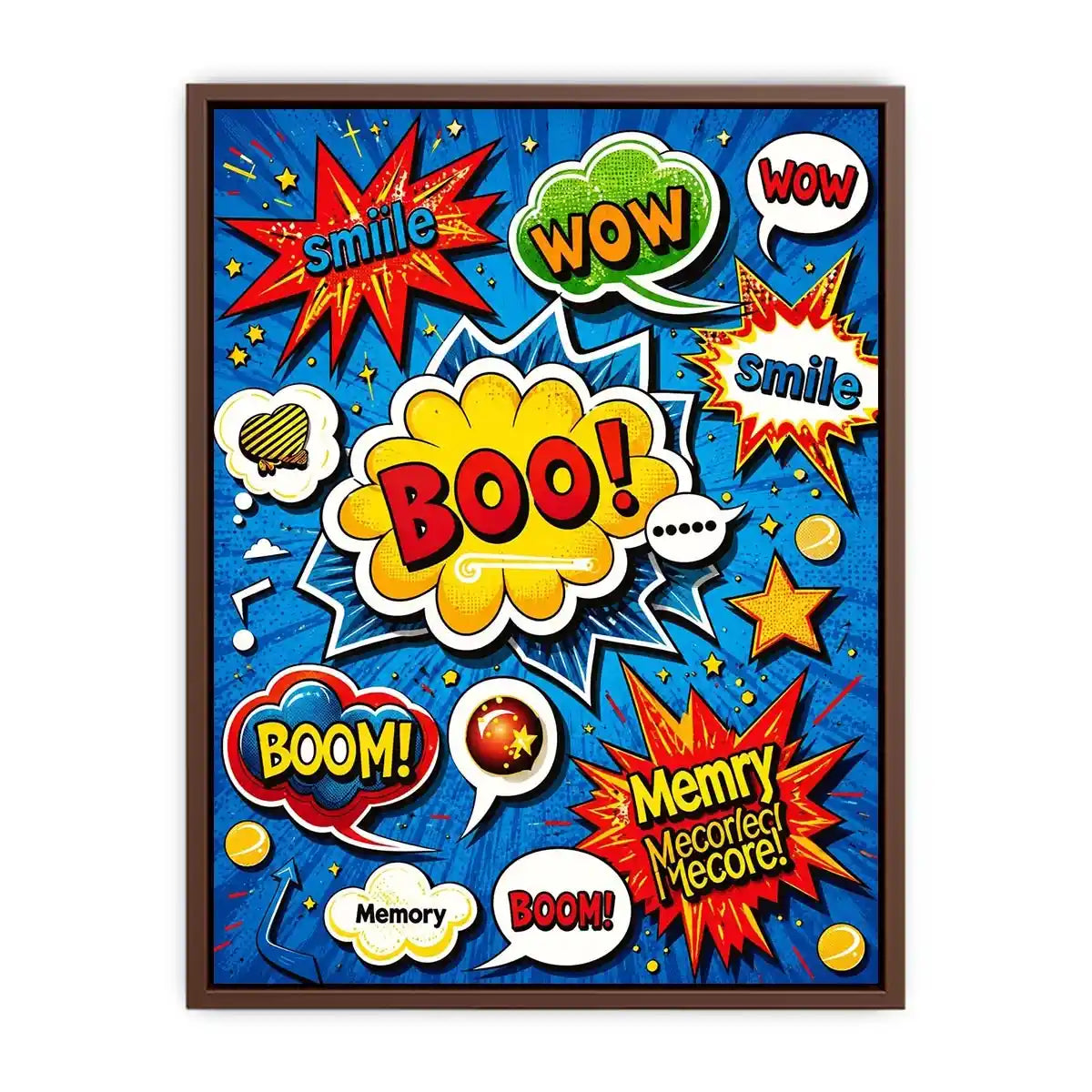 Colorful retro pop art comic wall art with bold speech bubbles and playful typography design
