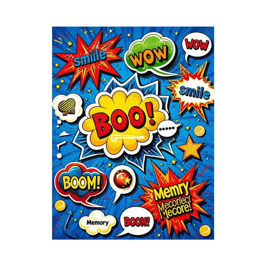 Colorful retro pop art comic wall art with bold speech bubbles and playful typography design