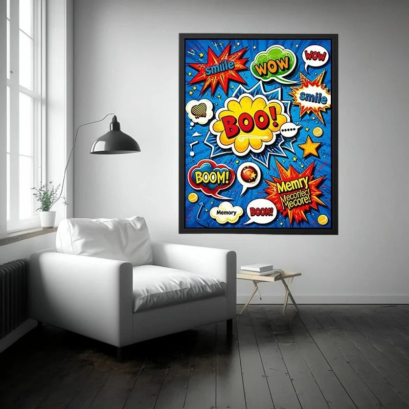 Colorful retro pop art comic wall art with bold speech bubbles and playful typography design