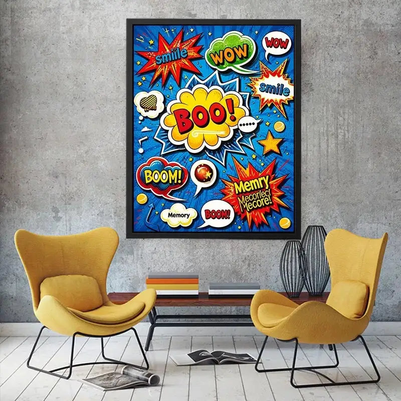 Colorful retro pop art comic wall art with bold speech bubbles and playful typography design