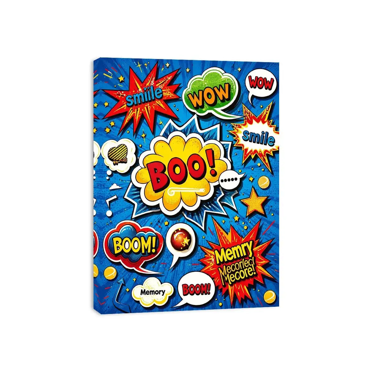Colorful retro pop art comic wall art with bold speech bubbles and playful typography design