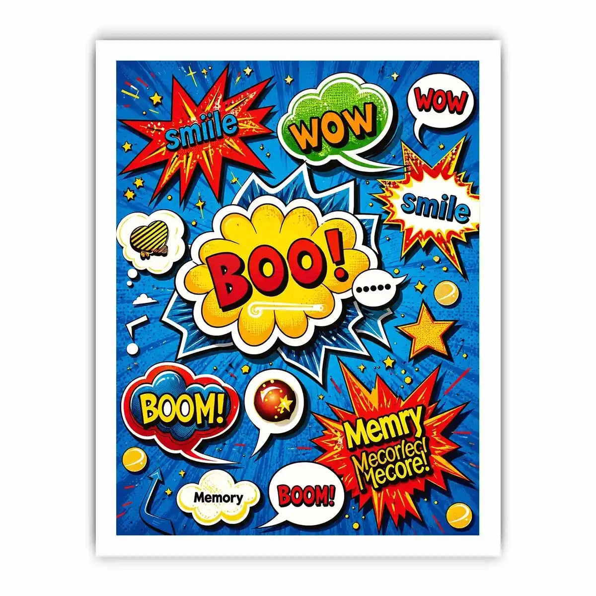 Colorful retro pop art comic wall art with bold speech bubbles and playful typography design