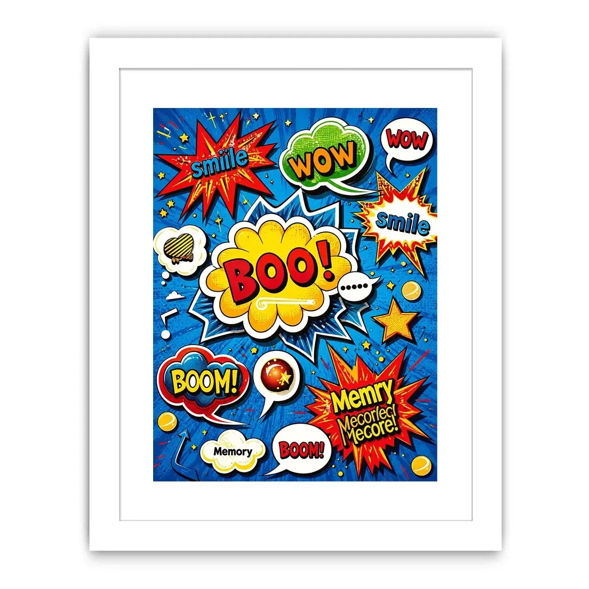 Colorful retro pop art comic wall art with bold speech bubbles and playful typography design