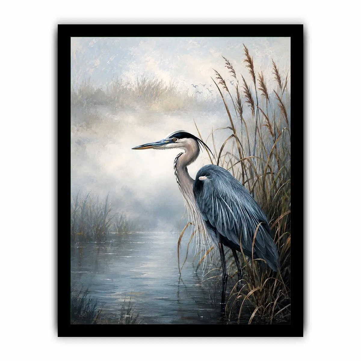 Minimalist blue heron marsh wall art with soft coastal reeds and serene neutral tones for modern luxury interiors