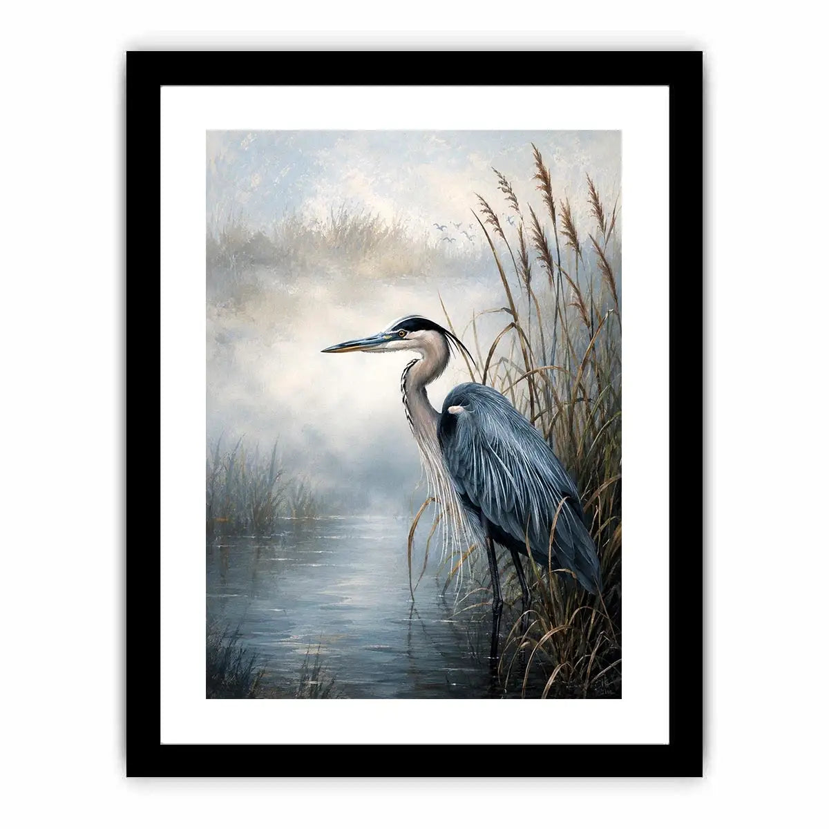 Minimalist blue heron marsh wall art with soft coastal reeds and serene neutral tones for modern luxury interiors