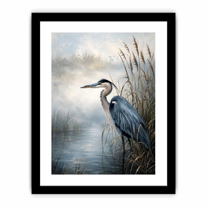 Minimalist blue heron marsh wall art with soft coastal reeds and serene neutral tones for modern luxury interiors