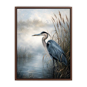 Minimalist blue heron marsh wall art with soft coastal reeds and serene neutral tones for modern luxury interiors