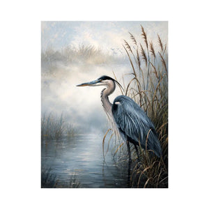 Minimalist blue heron marsh wall art with soft coastal reeds and serene neutral tones for modern luxury interiors