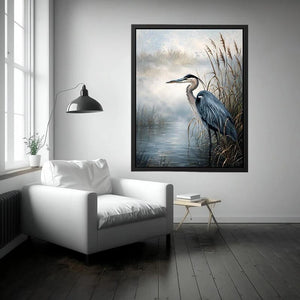 Minimalist blue heron marsh wall art with soft coastal reeds and serene neutral tones for modern luxury interiors