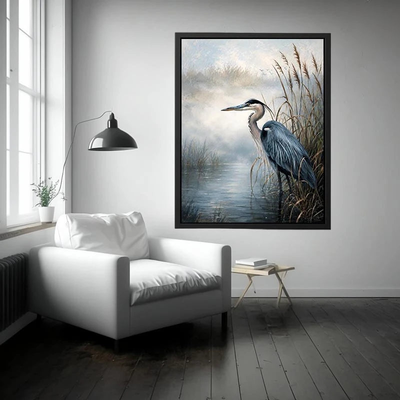Minimalist blue heron marsh wall art with soft coastal reeds and serene neutral tones for modern luxury interiors