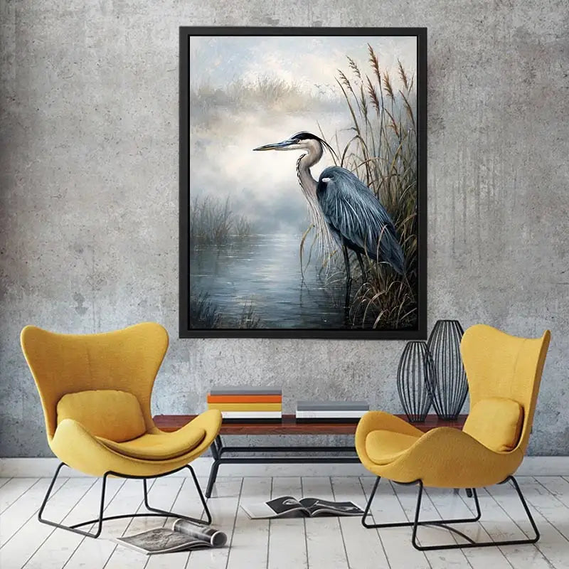 Minimalist blue heron marsh wall art with soft coastal reeds and serene neutral tones for modern luxury interiors